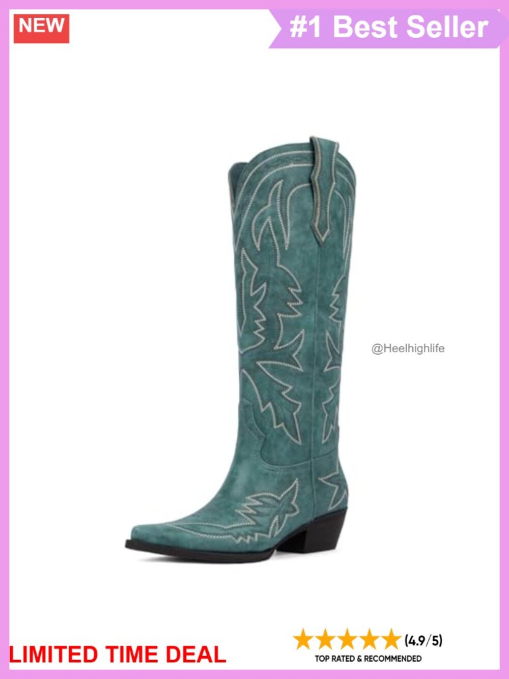 Women's Cowboy Boots Knee High Pointed Toe Faux Leather Block Heel Western